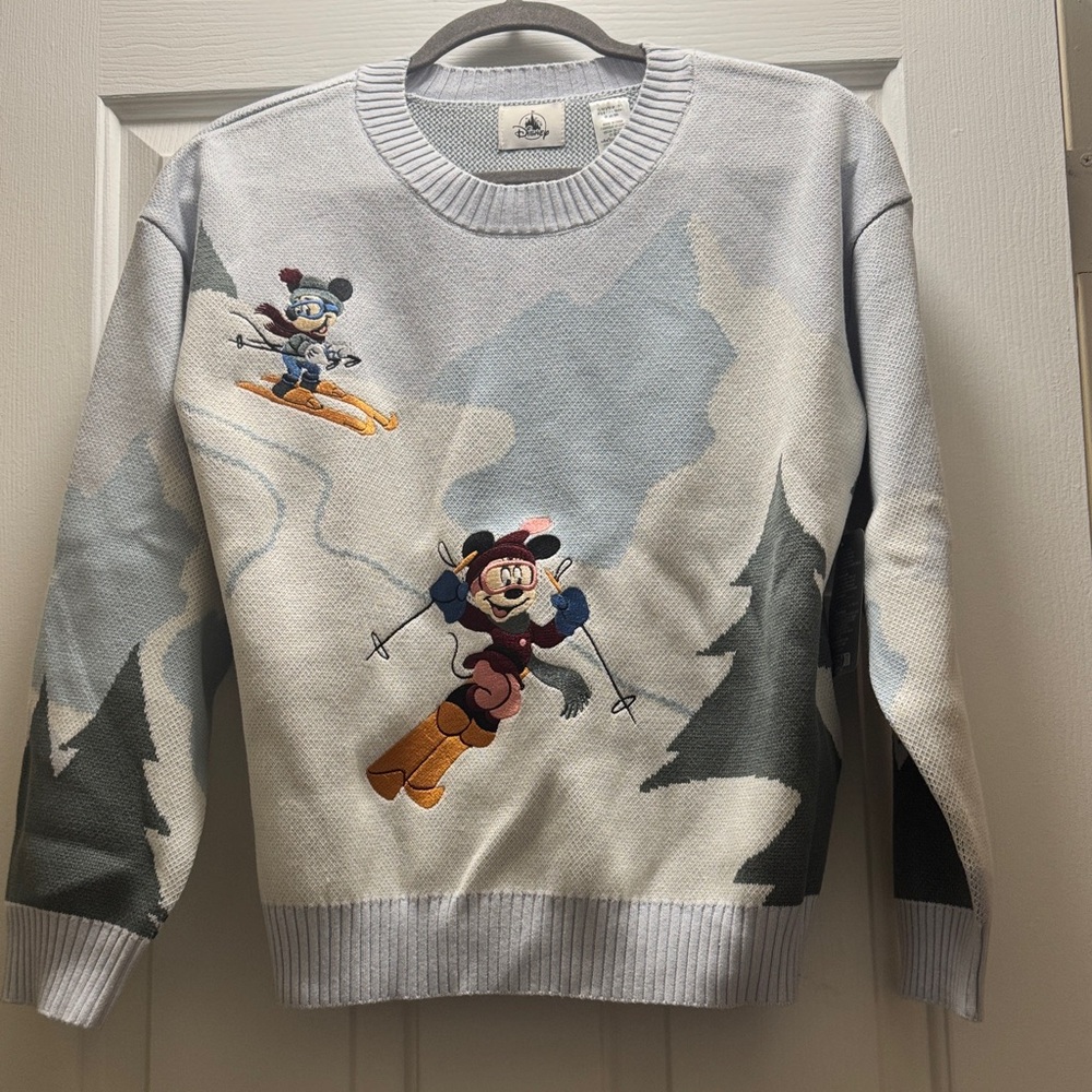 Disney Crewneck Sweater with Skiing Mickey and Minnie - Light Gray